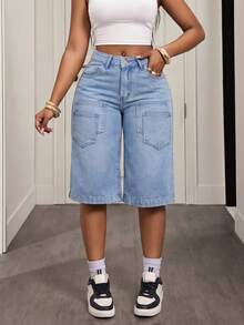 SHEIN Slayr Women's Loose Fit Casual Wide Leg Jeans With Number Pattern Pockets - Light Wash - View 2