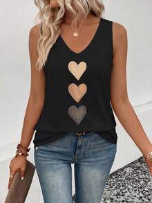Selamara Nuevo top de tirantes casual y versátil con cuello en V y estampado de corazón degradado para mujer, primavera/verano - Negro - Ver 3