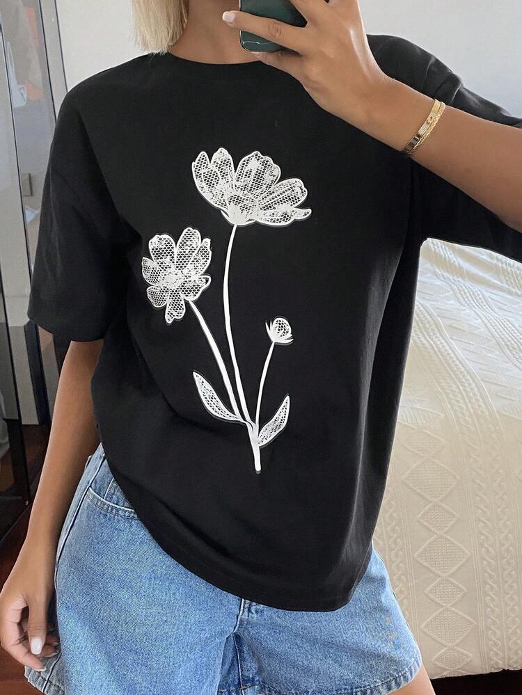 Women's Summer Round Neck Short Sleeve Floral Decor Casual Pullover T-Shirt