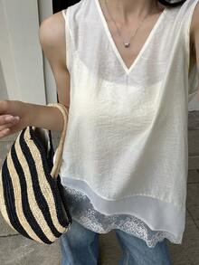 Áo tank top không tay cổ chữ V dáng rộng phối ren dành cho nữ, màu trắng ngọt ngào, thích hợp cho mùa xuân và hè. - trắng - Xem 6