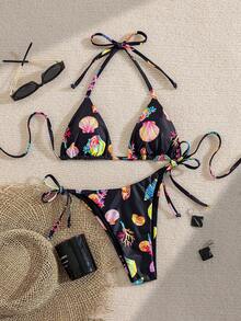 Bonvoyette Swim Vcay 新款奢华优雅两件套白色钩编蕾丝和焦糖/棕色三角比基尼，女士款，挂脖式泳衣上装饰有木珠，性感高衩丁字裤泳装，适合夏季海滩泳池度假，复古Y2K辣妹风泳装，音乐节、热带海岸早午餐、海岛度假及摩登氛围。 - 彩色 - 查看 4