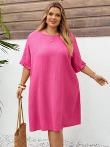 SHEIN CURVE+ Plus Size Women's Solid Color Round Neck Short Sleeve Straight Loose Casual Dress For Summer/ Vacation Summer Dress Summer Outfits Summer Clothes Spring Dress Spring Outfit Women Spring Clothing Floral Dress For Women Beach Vacation Outfits For Women Vacation Dress Bohemian Pink Dress Summer Plus Size Dress - Hot Pink - View 3