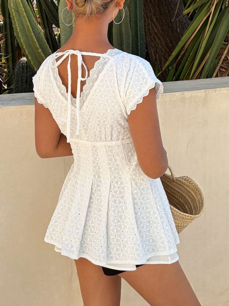 Women's Solid Color Textured Jacquard Gathered V-Neck Ruffle Hem Elegant Summer Blouse