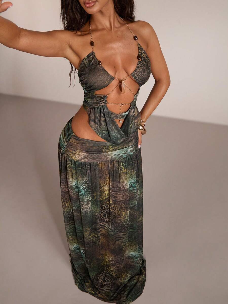 SHEIN BAE Women's Grey Leopard Print Summer Boho Tropical Sexy Holiday Beaded Halter Backless Crop Top And Low Waist Wide Leg Skirt 2 Pieces Set Vacation Beach - Multicolor - View 1