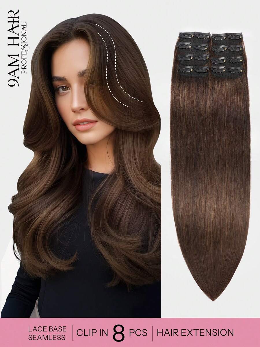 8PCS With 16 Clips Straight Clip In Hair Extensions 100% Real Human Hair Color 2# Dark Brown 12-18 Inch Double Weft Invisible Clip Hair Extensions Remy Natural Human Hair For Women Girl Daily Full Head Use - 2# - View 1