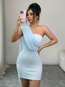 SHEIN Clasi Women's Elegant Romantic Textured One-Shoulder Bodycon Dress, Summer - Blue - View 8