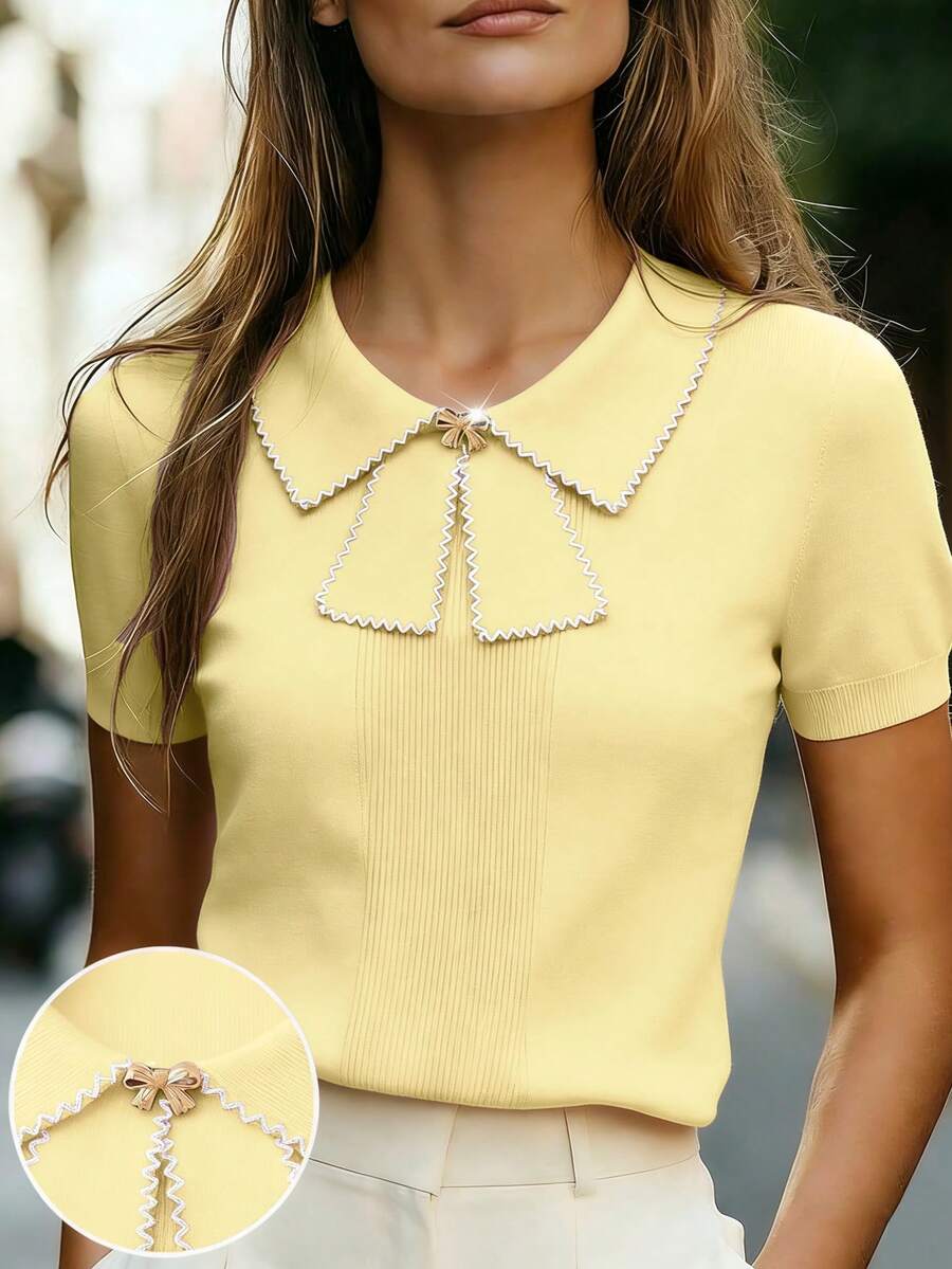 Franclia Áo dệt kim ngắn tay cổ bẻ đơn giản cho nữ, phối đen trắng, thích hợp mặc hàng ngày, mùa xuân/hè. - Màu vàng - Xem 1