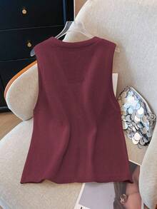 SHEIN Clasi Plus Size Casual Solid Color Starfish Button Knit Vest - Burgundy - View 2