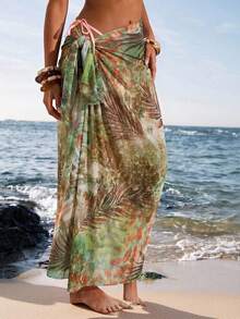 Opulessa Bộ váy và khăn quấn kiểu sarong buộc dây in họa tiết cây nhiệt đới dành cho nữ, thích hợp cho kỳ nghỉ hè ở bãi biển. - Nhiều màu - Xem 3