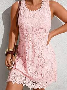 Breezaya Elegant White Lace Trim Plus Size Women Sleeveless Round Neck Dress, Spring/Summer - Baby Pink - View 6