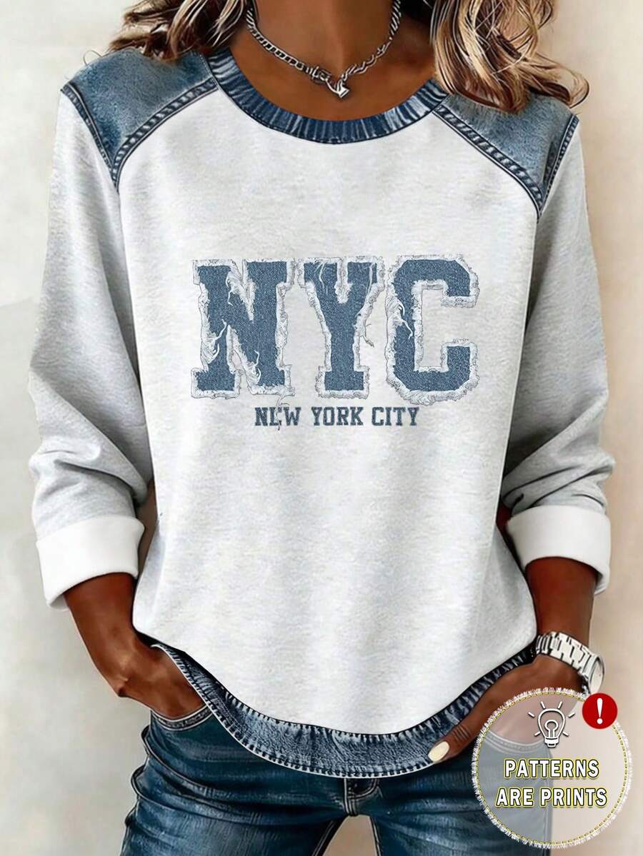 EMERY ROSE Women's Spring Casual Long Sleeve T-Shirt, Faux Denim Color, Minimalist Letter Print Pattern, Chic Style, Graphic Design, Elegant, Versatile, Daily Wear, Outdoor, Shopping, Travel - Multicolor - View 1