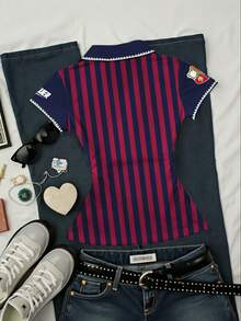 Glimmora Women's Striped Letter Print Casual Versatile Daily Wear T-Shirt, Summer - Multicolor - View 2