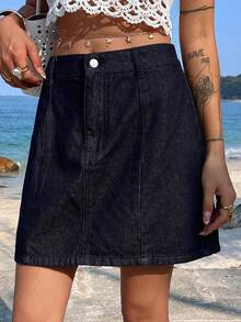 DAZY Falda vaquera de línea A de unicolor para mujer en verano - Azul lavado oscuro - Ver 4