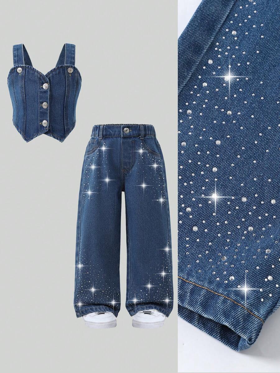 Bộ đồ denim cho bé gái, nhẹ nhàng mùa hè, phong cách đường phố dễ thương, áo hai dây denim vạt lệch có dây điều chỉnh + quần denim ống rộng cạp chun dễ phối đồ, chất liệu denim cotton mềm mại, phù hợp cho mặc hàng ngày, dự tiệc, đi học, sản phẩm mới năm 2026. - Rửa trung bình - Xem 1