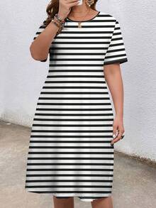 EMERY ROSE Plus Size Women Striped Casual Dress With Pockets, Everyday Wear - Multicolor - View 3