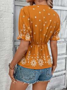 Hotletica Áo kiểu nữ phong cách Bohemian, thêu họa tiết, buộc dây, xếp nếp, thích hợp cho kỳ nghỉ. - trái cam - Xem 2