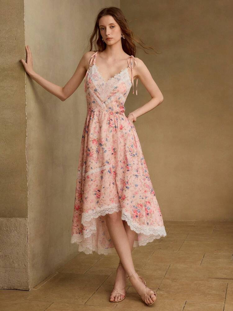 WOMEN'S ELEGANT ROSE FLOWER ASYMMETRICAL HEM MID-LENGTH DRESS