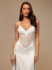 Silquee 女士性感侧高开叉蕾丝拼接长款睡袍 - 白色 - 查看 5