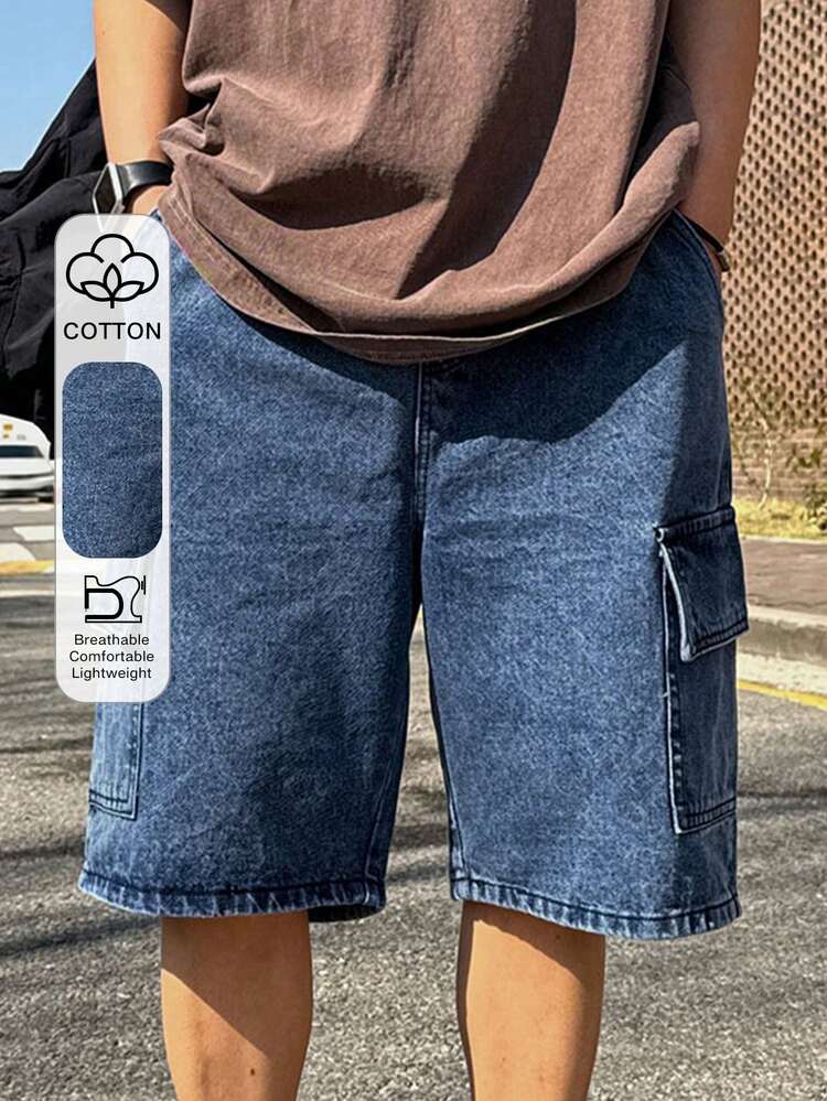 Men's Blue Washed Distressed Elastic Waist Pocket Design Denim Shorts, Summer
