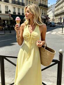 SHEIN PariChic Women's Sleeveless Solid Color Front Tie Midi Dress, Casual Summer - Yellow - View 1