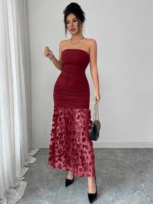 SHEIN Franclia Elegant Luxury Floral Contrast Mesh Ruffle Cinched Waist Strapless Solid Color Sexy Evening Gown For Women - Burgundy - View 3