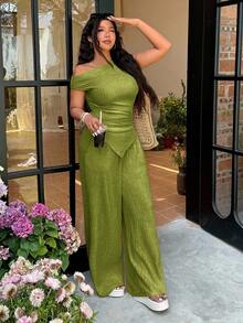 CovetEZ 夏季提花纹理女士休闲纯色不对称上衣和裤子绿色加大码两件套 - 綠色 - 查看 5