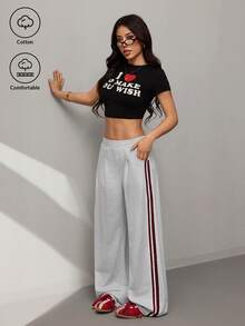 SHEIN PETITE 女士秋季街头风休闲复古灯芯绒纹理长裤 - 灰色 - 查看 2