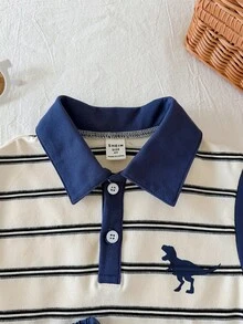 SHEIN 2件組男孩/女孩休閒條紋 Polo 衫與短褲套裝，春夏街頭風穿搭 - 藏蓝色 - 查看 6