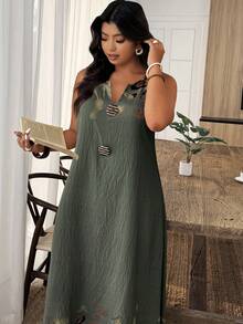 Weeklong Plus Size Women's V-Neck Sleeveless Printed Button Decor A-Line Dress, Suitable For Vacation And Daily Wear, Spring/Summer - Multicolor - View 5