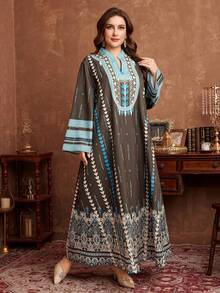 Al Najma Vestido maxi elegante de manga larga y holgado con estampado floral para tallas grandes, estilo árabe - Multicolor - Ver 4