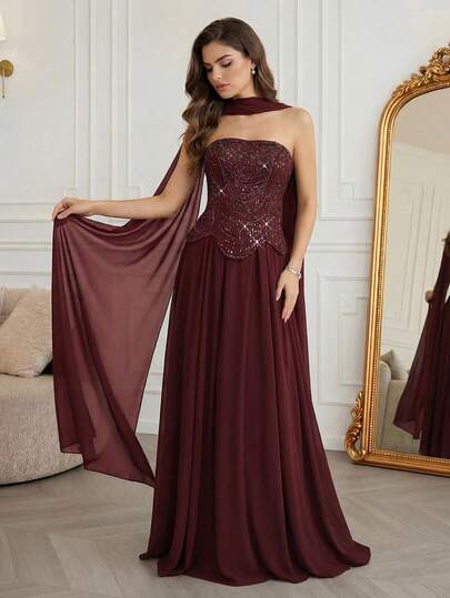 Modelyn Đầm dài tay đính sequin sang trọng, đầm dạ hội cao cấp dành cho tiệc chiêu đãi.