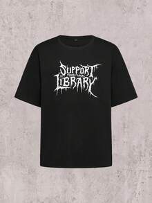 Skyrend Men's Support Your Local Library Slogan Metal Text Graphic Dropped Shoulder T-Shirt, Casual Street Punk Goth Style, Soft Touch, Summer - Black - View 1