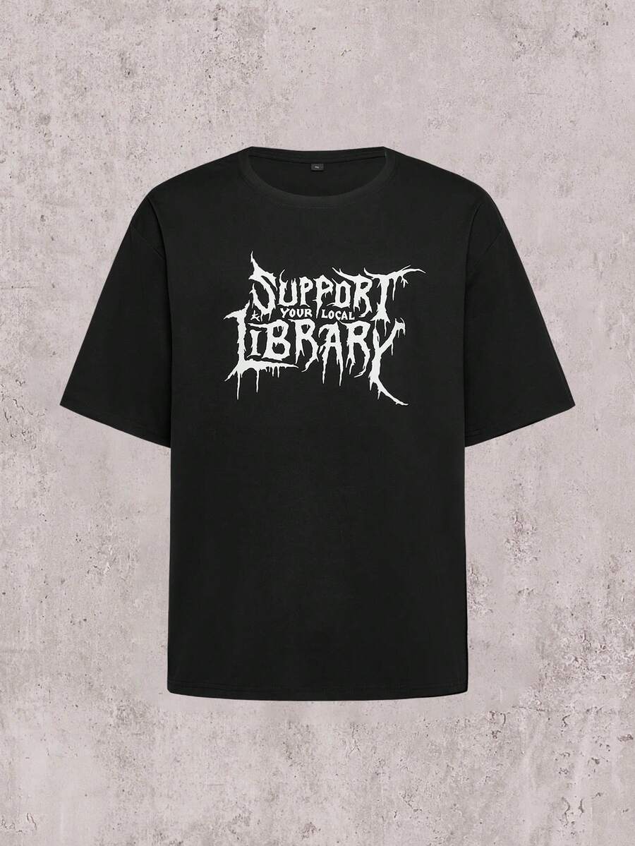 Skyrend Men's Support Your Local Library Slogan Metal Text Graphic Dropped Shoulder T-Shirt, Casual Street Punk Goth Style, Soft Touch, Summer - Black - View 1