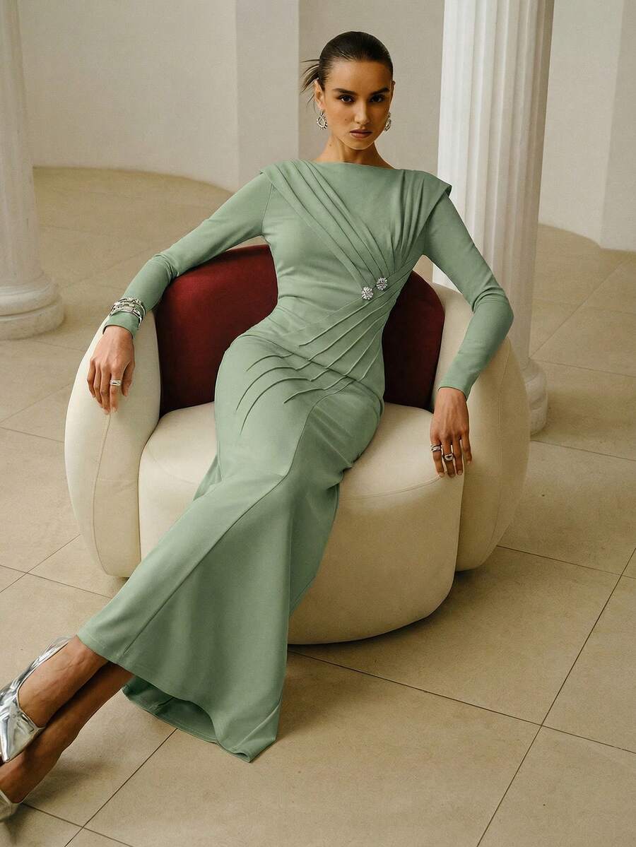 ZEYLAH Vestido de manga larga con hombros descubiertos y estructura de volantes asimétricos, para primavera/verano - Verde - Ver 1