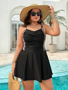 Swim Lushoire Vestido de baño talla grande, patchwork de tela sólida y estampado de leopardo, traje de baño de estilo minimalista europeo y americano - Multicolor - Ver 5