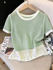 GlowEve CURVE Ropa casual de primavera/verano para mujer talla grande: estilo sencillo, versátil y fresco. Verde menta con ribete blanco. Blusa holgada de talla grande con crochet calado y dobladillo de patchwork. Perfecta para primavera y verano. - Verde - Ver 7