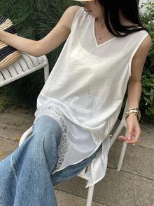 Áo tank top không tay cổ chữ V dáng rộng phối ren dành cho nữ, màu trắng ngọt ngào, thích hợp cho mùa xuân và hè. - trắng - Xem 4