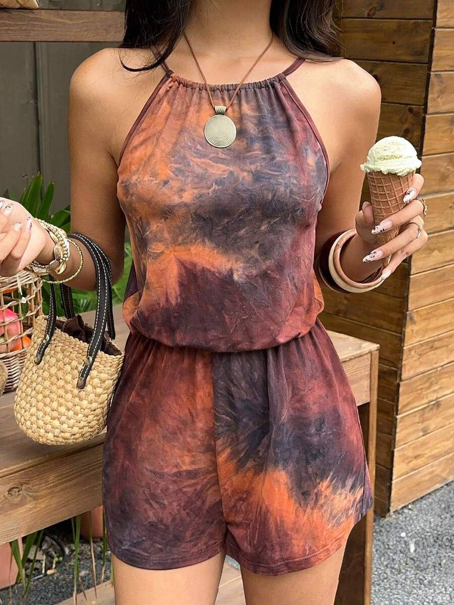 SHEIN EZwear 扎染休闲收腰修身女式连体裤 - 彩色 - 查看 1