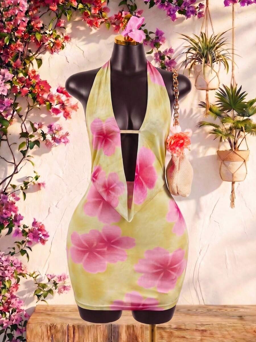 SaltGleam SaltGleam 女士印花性感露背吊带迷你连衣裙 - 彩色 - 查看 1