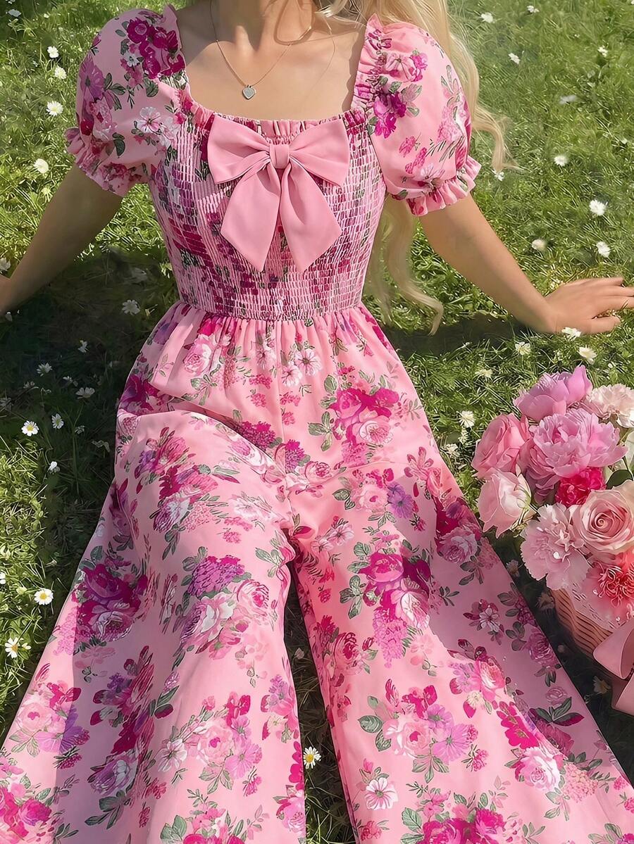 SHEIN 少女复古植物风，海滩周末，海岛风，夏季穿搭，老钱夏日风，度假氛围，复古，修身透视造型，花卉野餐核心，少女优雅花卉印花蝴蝶结装饰泡泡袖连体裤