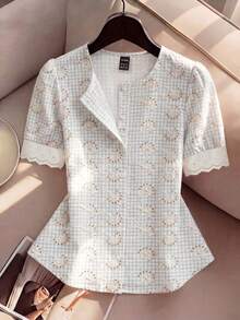 SHEIN Women Summer Elegant Light Blue And White Blouse,Delicate Hollow-Out Short Sleeve With Lace Collar,Ideal For Date,Afternoon Tea,Tea Party - Multicolor - View 3