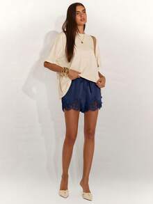 SHEIN BAE Women's Solid Color Minimalist Lace Patchwork Shorts, Casual Daily Wear - Navy Blue - View 7