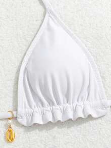 Swim Vcay Conjunto de traje de baño de estilo vacacional simple con diseño de cuello halter de tela de nailon de color negro sólido para mujer - Blanco - Ver 6