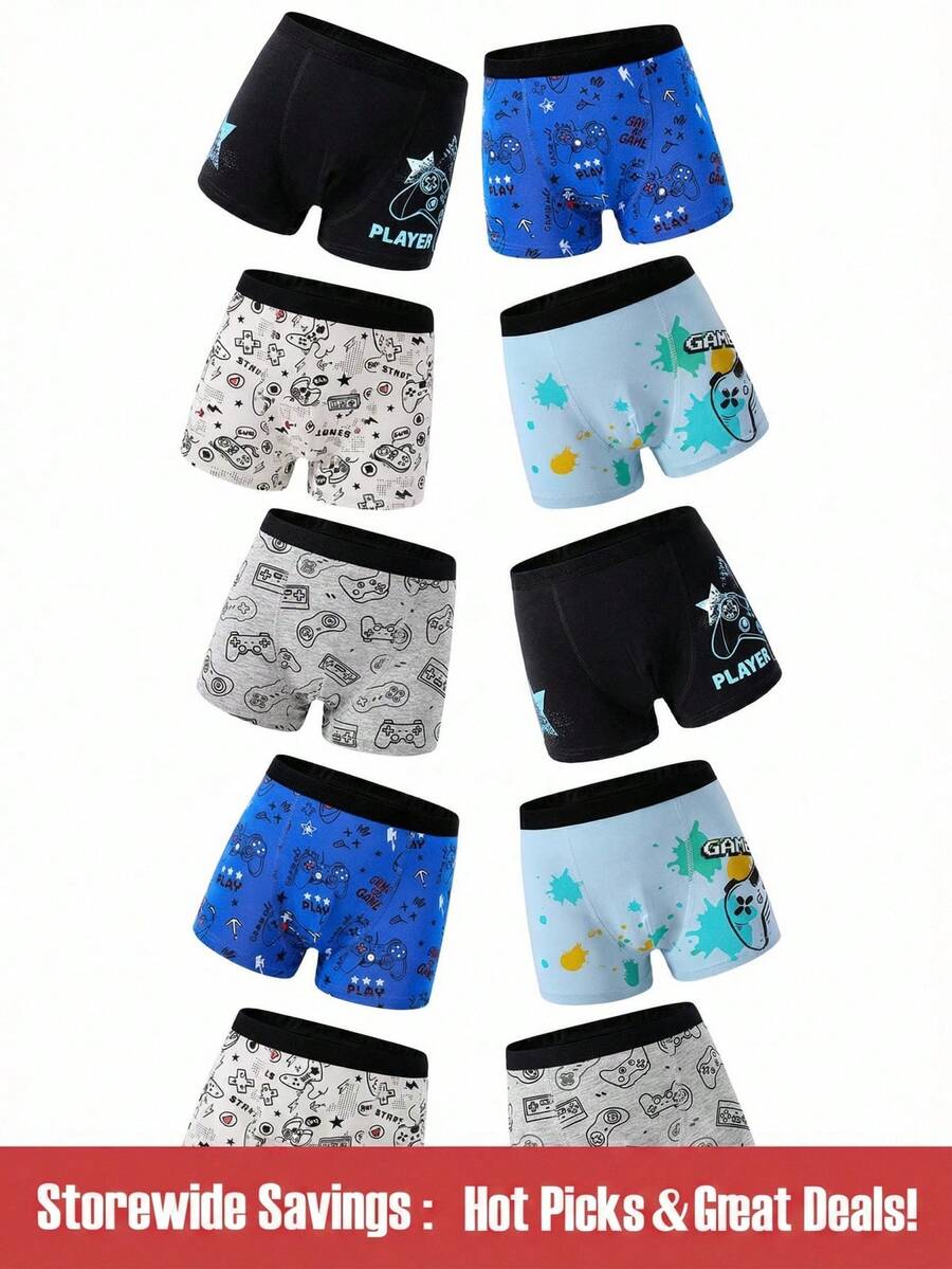 SHEIN 10pcs/Pack Boys' Colorful Gaming Print Cotton Boxer Briefs - Multicolor - View 1
