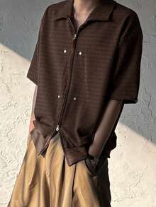 DAZY Textured Fabric Zip-Front Shirt - Brown - View 4