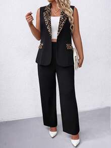 Elenzga Plus Size Women's Leopard Print Sleeveless Lapel Blazer And Straight Leg Pants 2 Pieces Set, Suitable For Spring/Summer Office Wear - Black - View 4