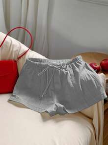 Pantalones cortos sólidos de mujer informales y sueltos con cordón, versátiles para uso diario - Gris - Ver 6