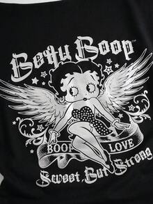 Betty Boop x SHEIN 女士圆领短款修身休闲T恤 - 黑色 - 查看 9