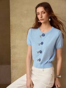 MOTF PREMIUM DELICATE COMMUTING & DATING KNIT TOP WITH 3D FLORAL RHINESTONE DECOR, WAIST CINCHING, CROPPED FIT, ROUND NECK SHORT SLEEVE, LIGHT BLUE, SUITABLE FOR SPRING/SUMMER - Baby Blue - View 6