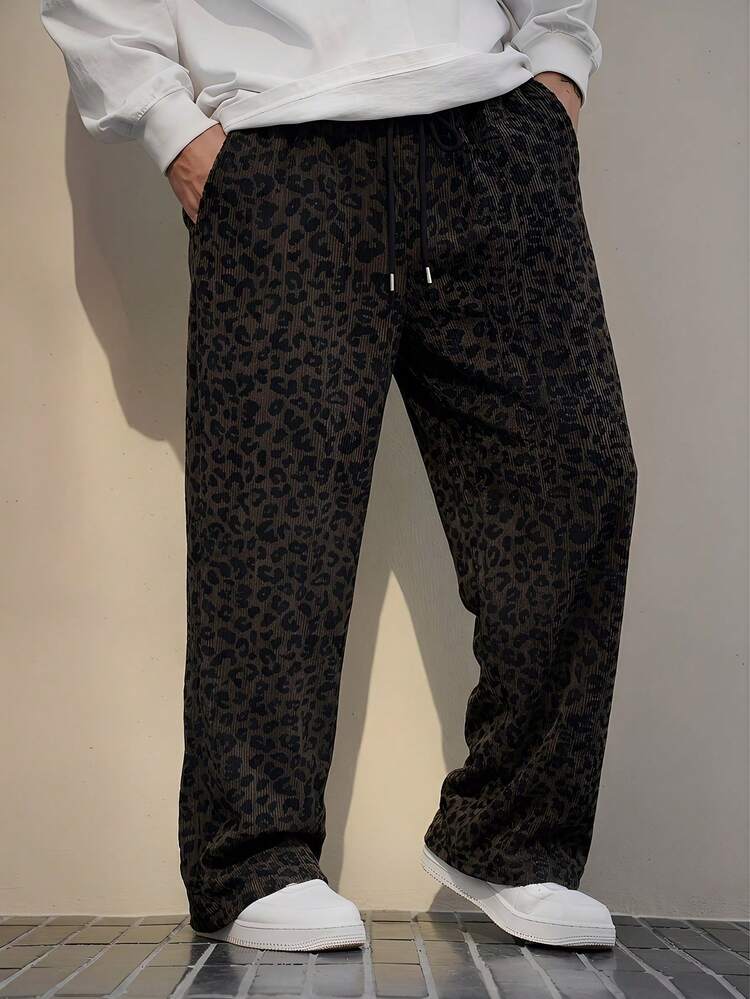 Men's Leopard Print Elastic Waist Long Straight Pants, All Season